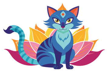 Stylized Blue Cat Sitting on a Colorful Lotus Flower Design