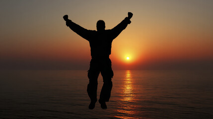 Silhouette of person jumping joyfully against stunning sunset over ocean inspires positive thinking