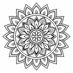 Intricate mandala design showcases a floral motif with detailed petal patterns and a symmetrical, circular shape in monochrome.