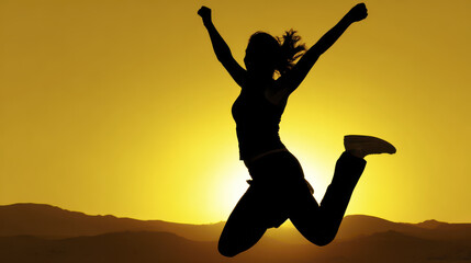 Silhouette of person jumping joyfully against vibrant sunset sky inspires positive thinking and energy