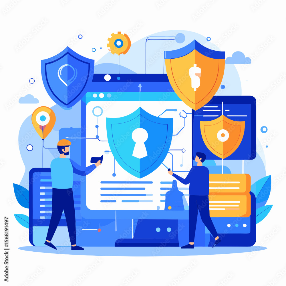 Aufkleber cybersecurity illustration with two figures securing data on a screen with shields in blue and white