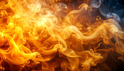 Obraz premium Intense swirling flames with glowing embers and dark smoke create mesmerizing fiery background, evoking warmth and energy