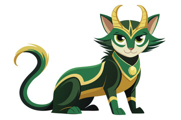 Illustration of a Mischievous Cat Creature with Horns and a Green and Gold Aesthetic