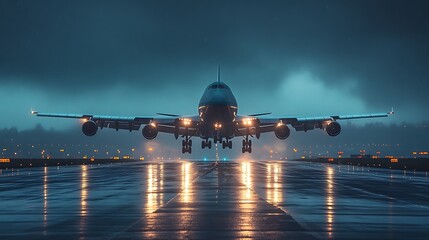 Large passenger jet landing on a wet runway at night.