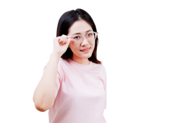 Asian young beautiful woman with glasses and long dark hair wearing a light pink shirt looks confidently at the camera, holding her glasses with one hand.