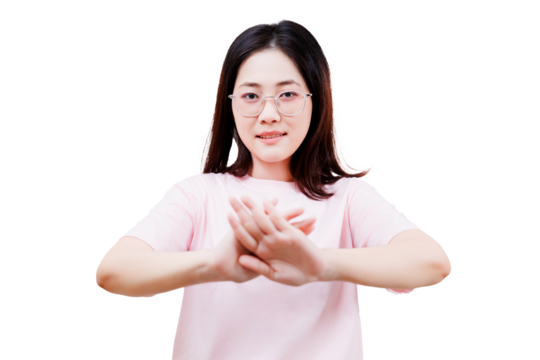 Asian young beautiful woman wearing glasses and a pink shirt is making a stop gesture with her hands crossed in front of her.