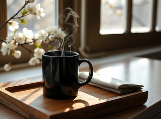 Steaming Coffee Moment: A serene image of a black mug filled with hot coffee on a wooden tray, next to a window with flower