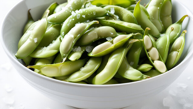 Freshly prepared steamed edamame served in a bowl, lightly salted, isolated on white for food photography and microstock use