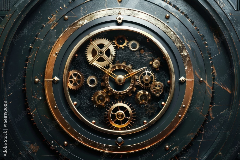 Poster intricate clockwork mechanism showing cogs and gears on dark background