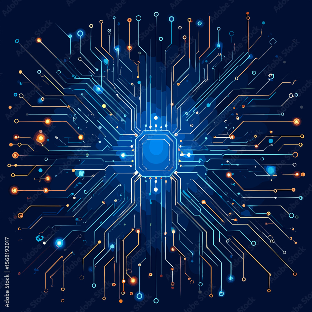 Poster detailed blue circuit board illustration with glowing paths square microchip and intricate connectiv