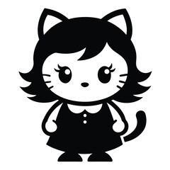 A charming cartoon kitten character in a dress standing tall in black and white simplicity
