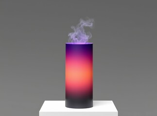 Mystical Vapor Display: A contemporary, gradient-colored cylindrical device emits wisps of vapor, creating a minimalist, surreal atmosphere. A concept of technology.