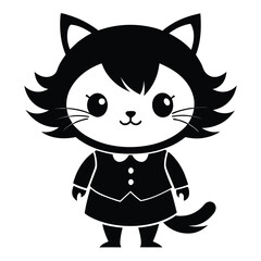 Cute Cat Character in Black and White Wearing a Dress and Two Buttons on Shirt