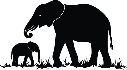 Fototapeta premium Elegant vector silhouette: mother elephant and calf in grass