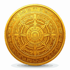 Detailed Golden Coin with Intricate Geometric Patterns Ancient Cultural Art Isolated on White Background