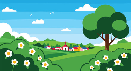 Fototapeta premium Charming Pixelated Countryside Village Scene with Rolling Hills and Blossoming Flowers Under a Bright Blue Sky