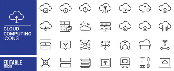 Clean Line Art Cloud Computing Icons for Online Services, Data, and Technology

