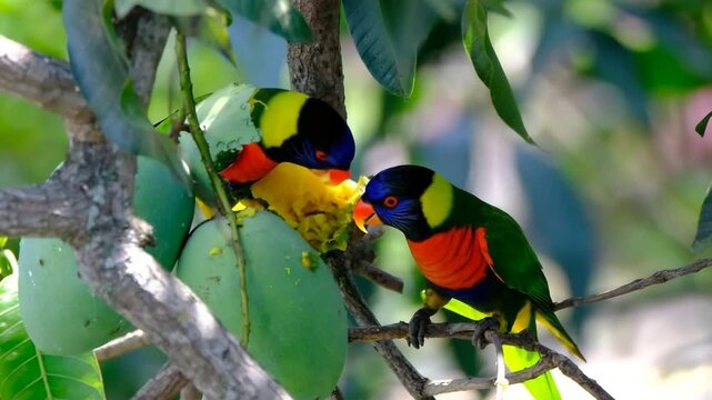 Rainbow Lorikeets Feasting on Mango: 4K HD Nature Video