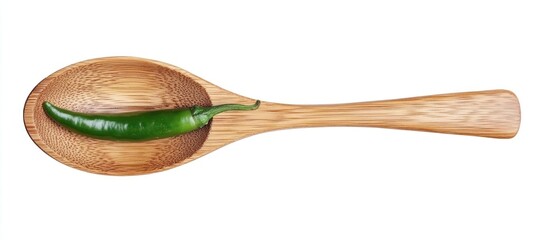 Vibrant green chili pepper resting in the curved bowl of a wooden spoon viewed overhead