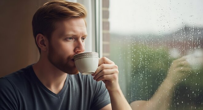 Man with red hair drinking from a cup looking out the window on a rainy day with raindrops visible