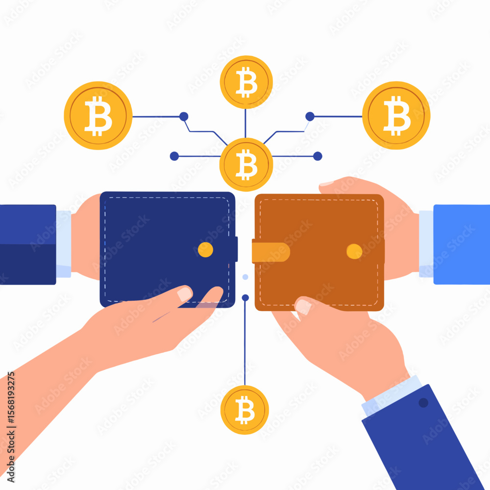 Poster digital bitcoin wallets exchanging cryptocurrency in a decentralized network on white background fea