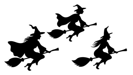 Set Of Flying Witch Silhouettes on Broomsticks