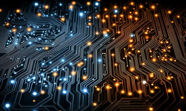 A close-up of a circuit board split diagonally into blue-toned and orange-toned sections. Bright light nodes along the complex network