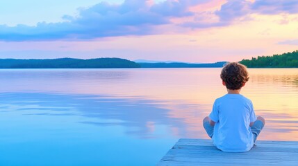 Fototapeta premium Peaceful Sunset Lake: A young boy sits cross-legged on a wooden dock, gazing serenely at a tranquil lake as the sun sets, painting the sky with vibrant hues. 