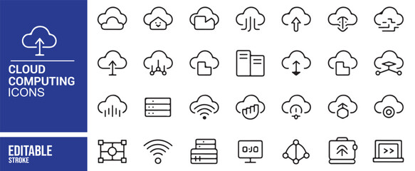 Simple and Clean Cloud Computing Icons for Digital Media, Editable Format
