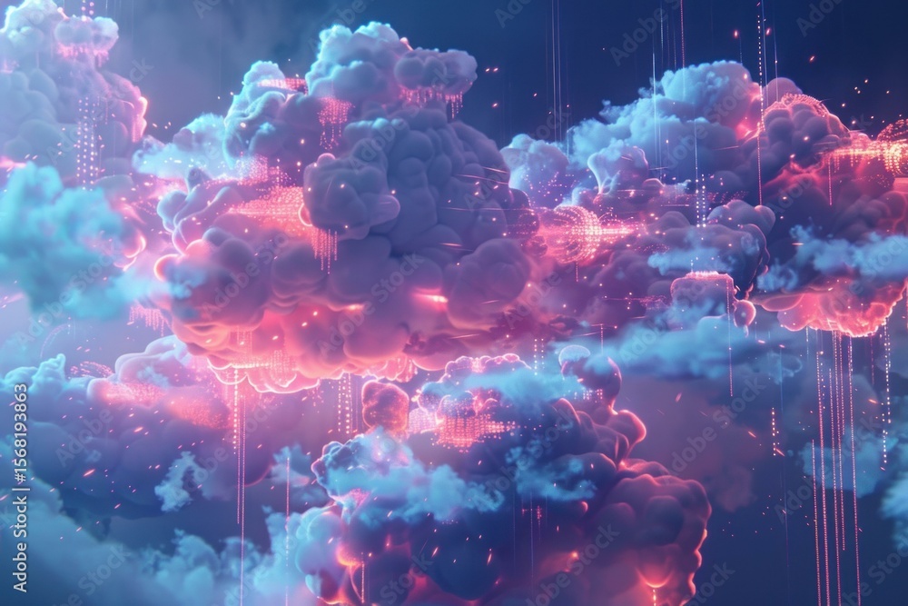 Poster Glowing clouds exchanging data in a digitally rendered sky representing the concept of cloud computing