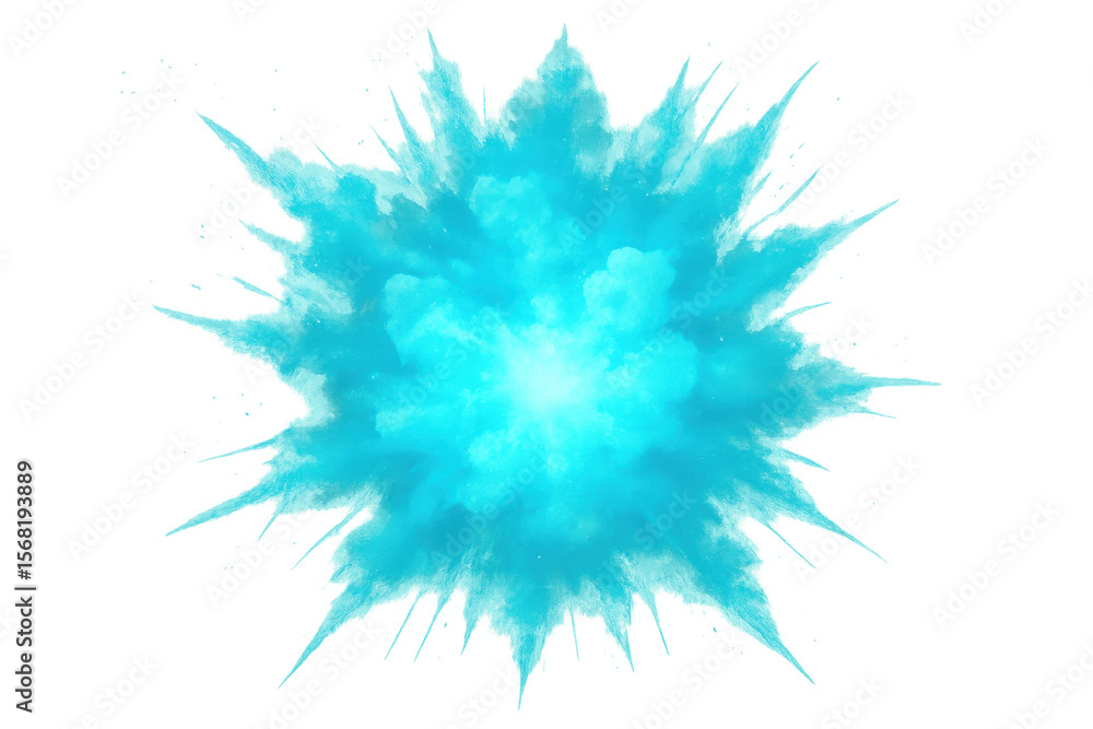 Poster freeze motion of blue powder exploding, forming a beautiful abstract design on transparent backgroun