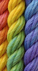 Close-up of colorful twisted ropes, rainbow hues