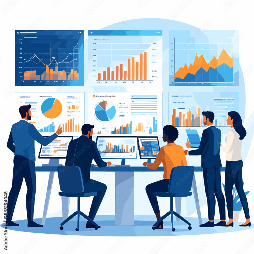 Poster diverse business team analyzing financial charts and graphs in a modern office setting for strategic