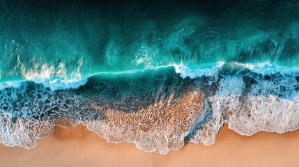 Obraz premium Turquoise waves meet sandy shore, an aerial view of nature's serene beauty and harmony.