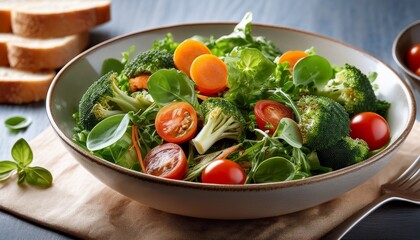 fresh salad with greens broccoli carrots and cherry tomatoes served in bowl with side of bread evokes healthy and vibrant meal
