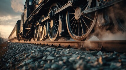 Vintage steam train engine, low angle view.  Smoke billows from the wheels.  Tracks and gravel are foreground.  Golden hour light