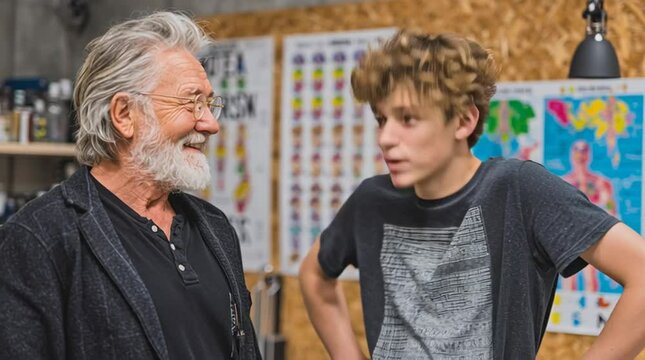 Mentorship Moment: An older gentleman with a kind smile shares a thoughtful conversation with a younger individual, suggesting a mentorship or supportive relationship. The scene.