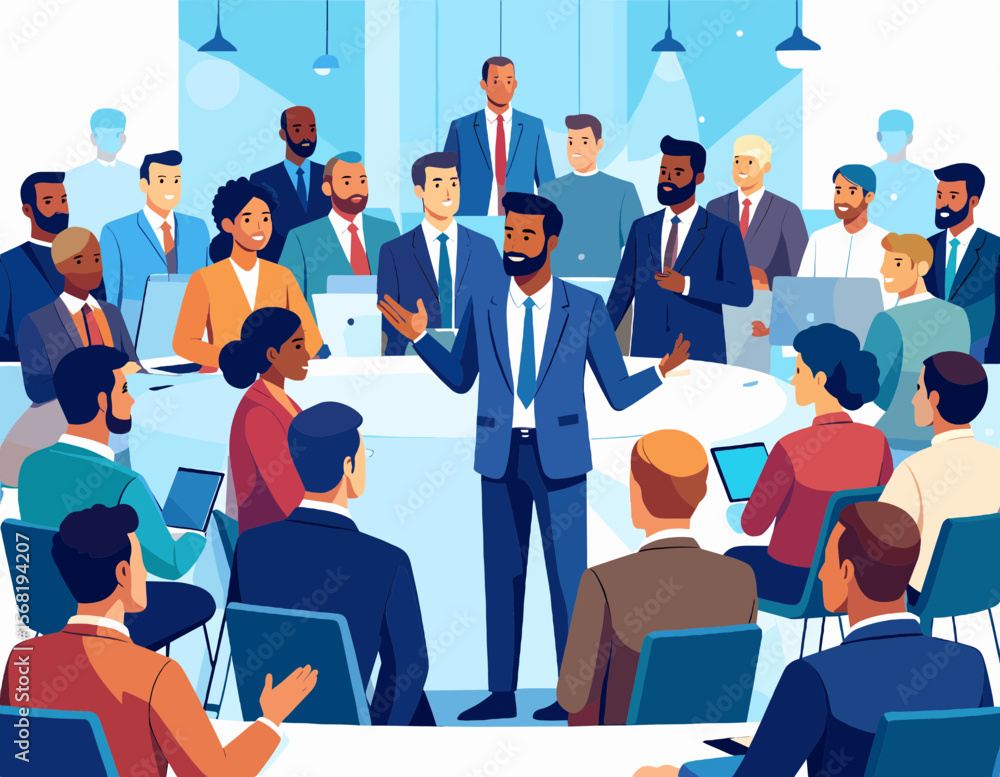 Poster diverse business team having a round table meeting with presentation and communication in a bright o
