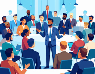 Diverse Business Team Having a Round Table Meeting with Presentation and Communication in a Bright Office with Modern Design