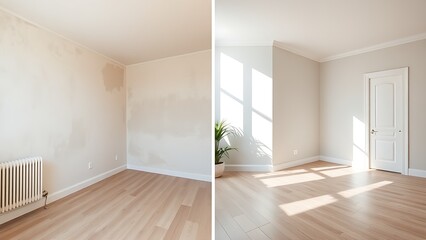 Side-by-side comparison of interior spaces, contrasting worn walls with fresh paint and new flooring.
