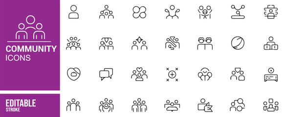 Black Line Art Icons for Community, Communication, and Group Activities