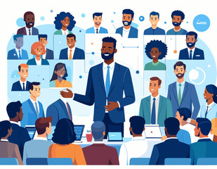 Diverse Business Team Having Virtual Meeting with Dark Blue Suits in a Bright Blue Background