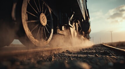 Steam train moving through countryside at sunset