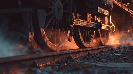 Vintage steam locomotive, wheels and tracks at sunset.  Steam billowing from the engine
