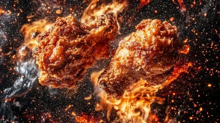 Fiery Fried Chicken Temptation: Two crispy, golden-brown fried chicken pieces burst into flames, revealing the tantalizing texture of this classic comfort food in a dynamic high-angle shot.