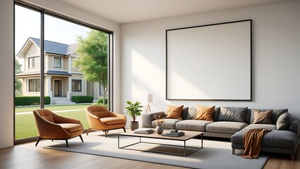 Obraz premium Modern Living Room Design with Large Window and Blank Canvas