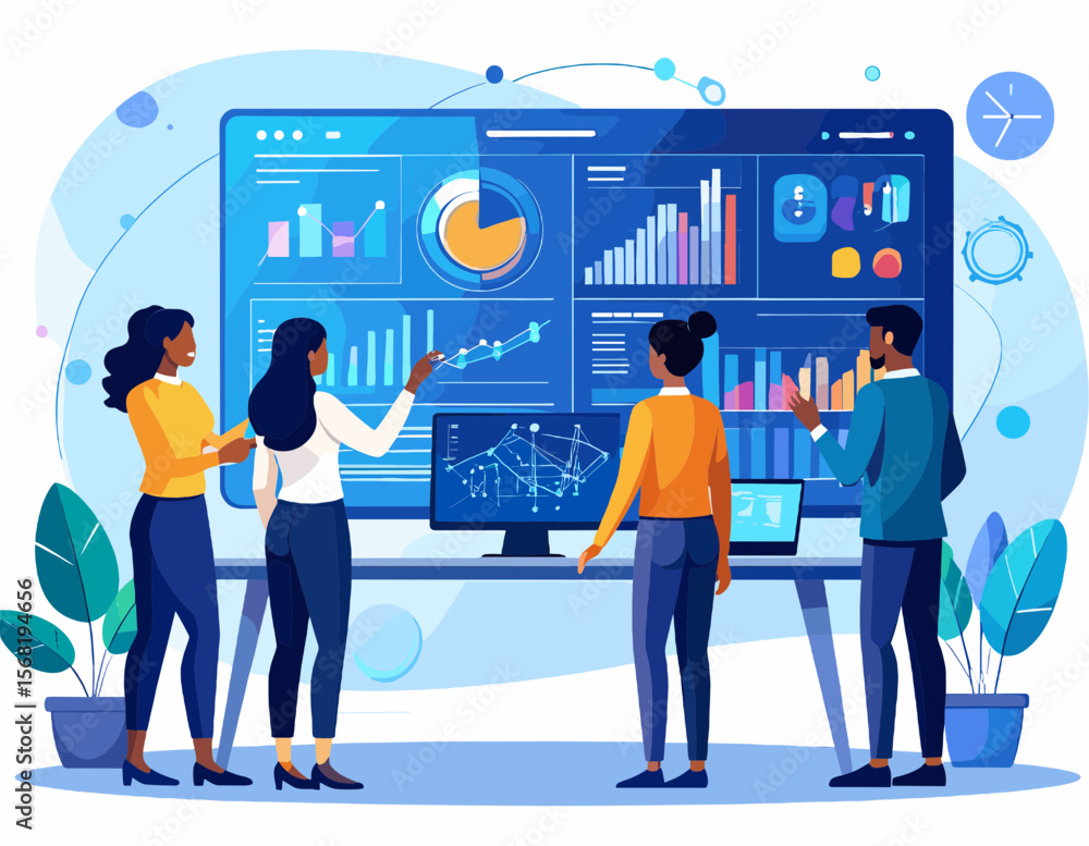 Poster diverse team analyzing data charts on large screen during a business strategy meeting in a bright of