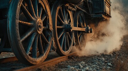 Close-up of vintage steam train wheels and tracks. Smoke billows from the engine
