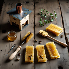 A flat lay of organic beekeeping tools on a rustic wooden table – a smoker, hive tool, bee brush, and raw honeycomb – depicting natural, sustainable practices