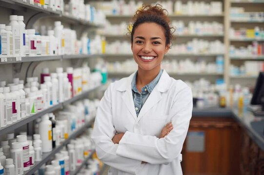 Smiling Pharmacist in Pharmacy: A friendly female pharmacist with a warm smile stands confidently in her pharmacy, surrounded by medicine shelves. Her arms are crossed.